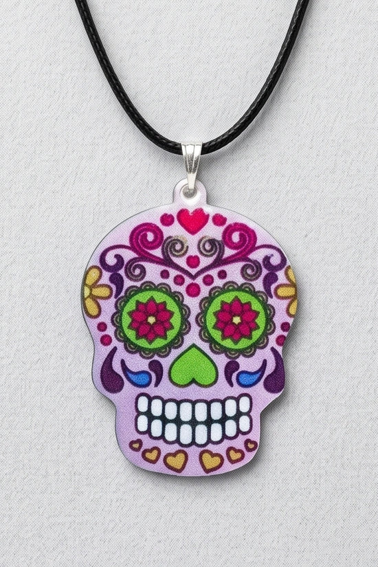 Vibrant Pastel Pink Sugar Skull Día de los Muertos Pendant Necklace
