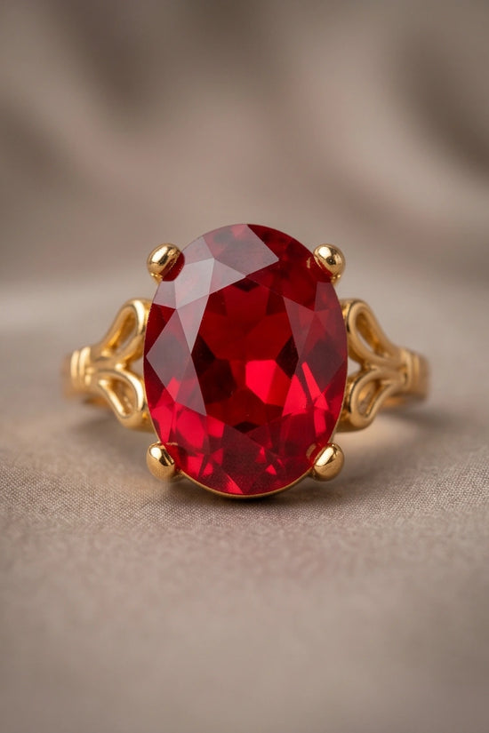 Gold Plated Crimson Ruby Oval Filigree Ring