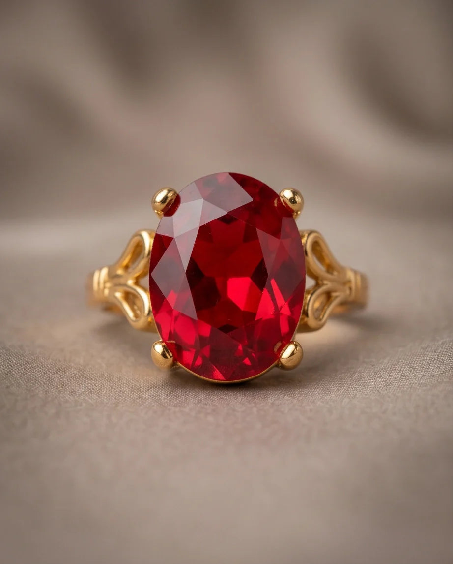 Gold Plated Crimson Ruby Oval Filigree Ring