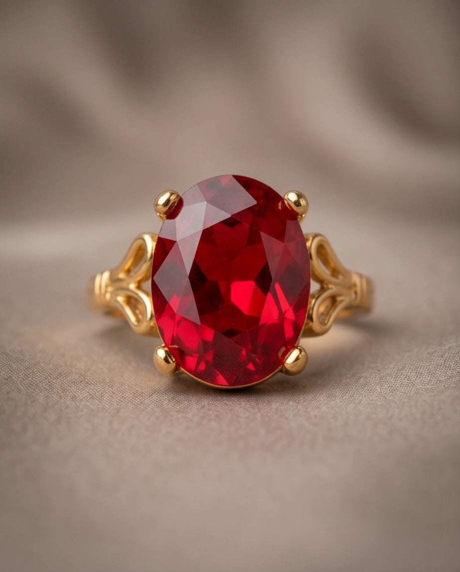 Gold Plated Crimson Ruby Oval Filigree Ring