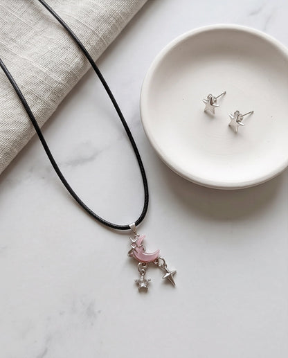 Celestial Pink Moon & Dangle Stars Necklace