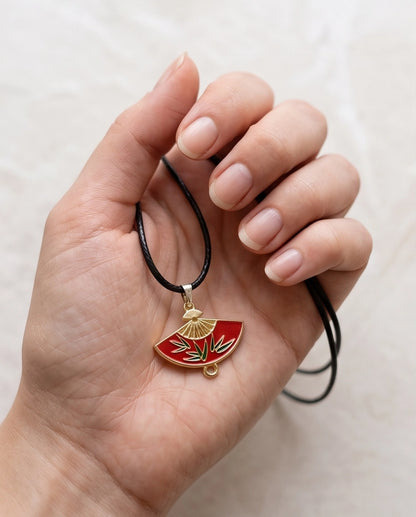 Crimson Bamboo Fan Pendant Necklace