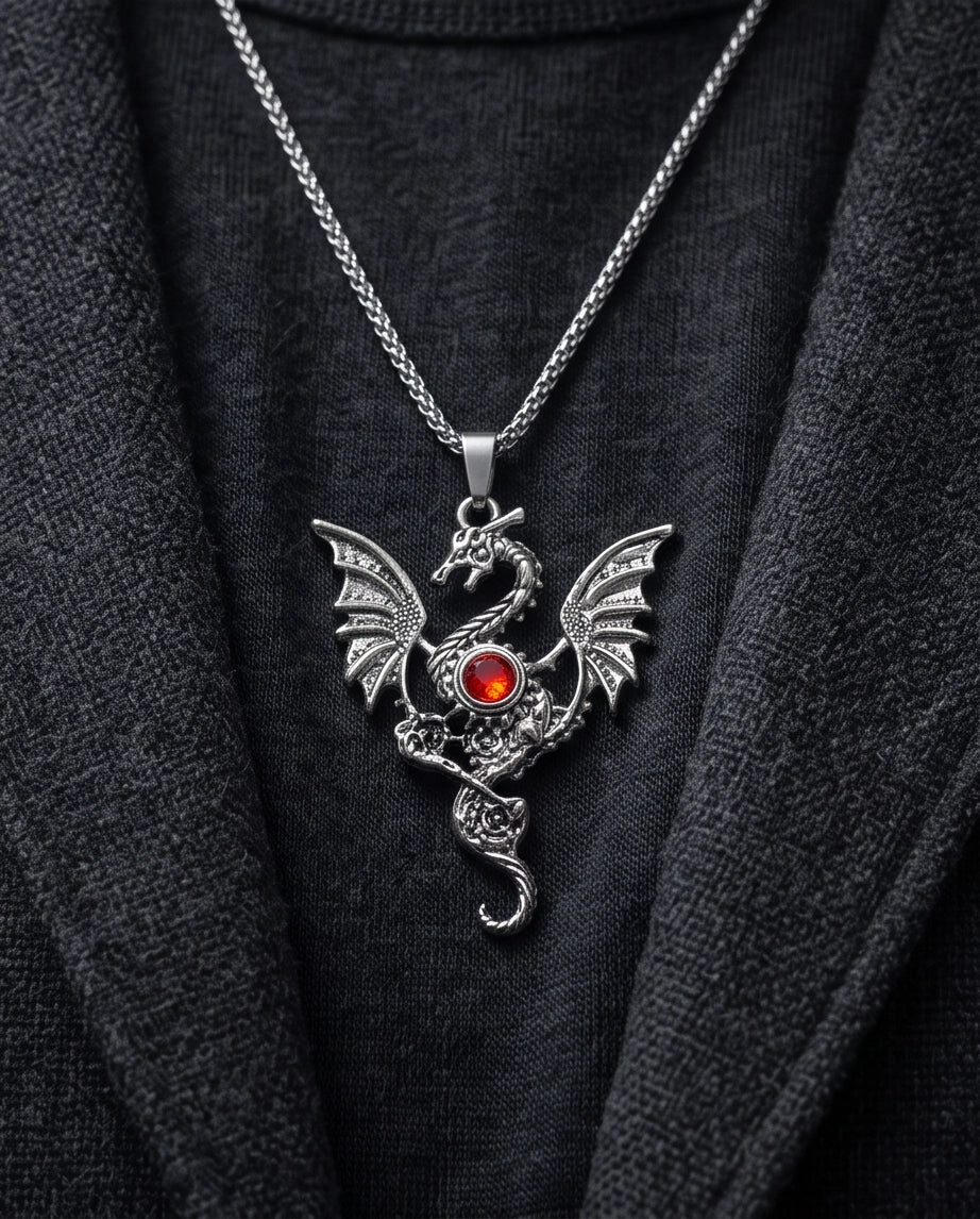 Silver Red Gemstone Dragon Pendant Necklace