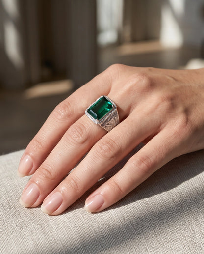 Emerald Green Emerald-Cut Gemstone Stippled Halo Silver Ring