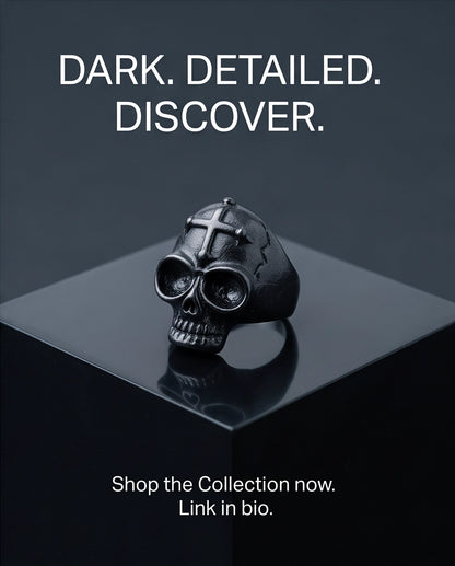Matte Black Gothic Cross-Embossed Anatomical Skull Ring