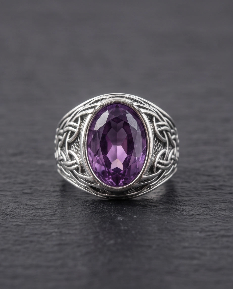 Amethyst Gemstone Celtic Knotwork Silver Ring