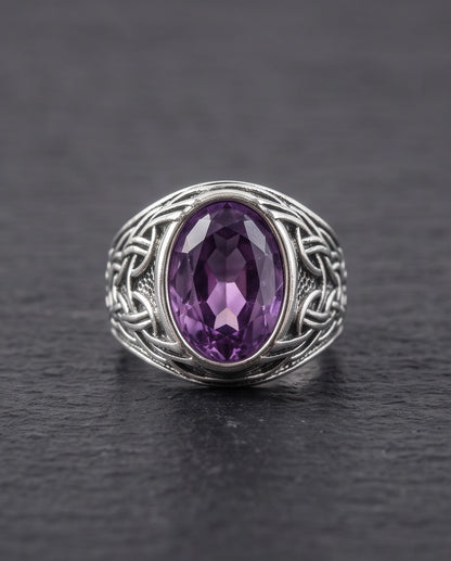 Amethyst Gemstone Celtic Knotwork Silver Ring