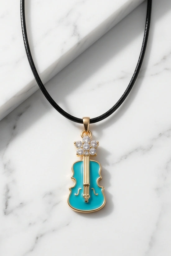 Gold and Turquoise Enamel Violin Necklace