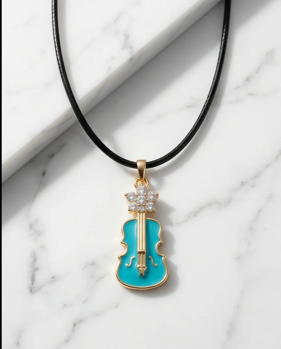 Gold and Turquoise Enamel Violin Necklace