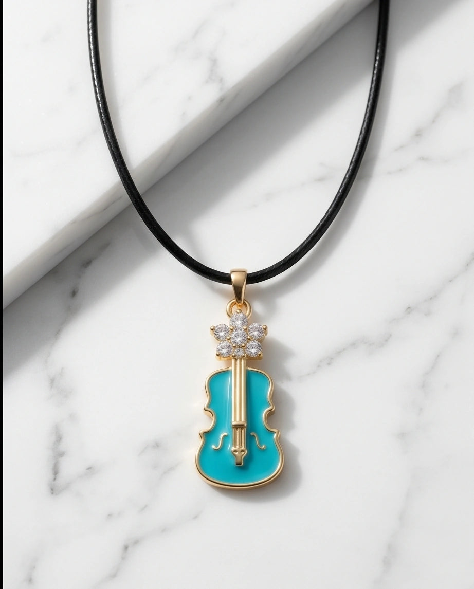 Gold and Turquoise Enamel Violin Necklace