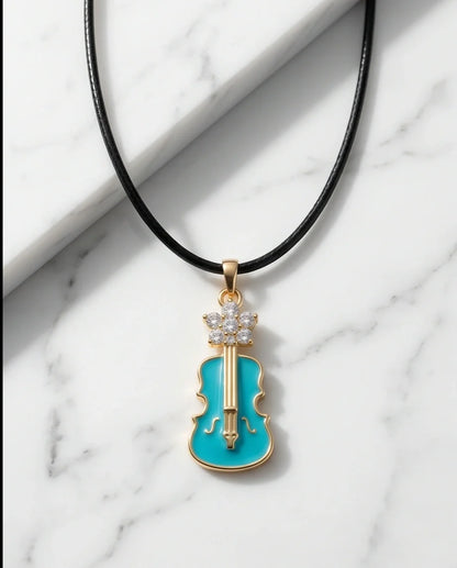 Gold and Turquoise Enamel Violin Necklace