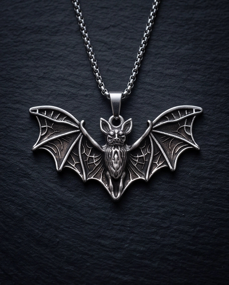 Silver Oxidized Flying Bat Pendant Necklace