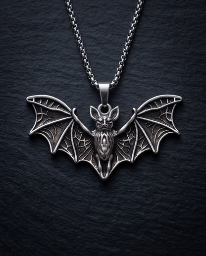 Silver Oxidized Flying Bat Pendant Necklace