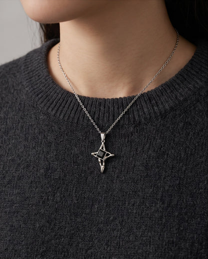 Silver Black Gemstone Gothic Cross Pendant Necklace