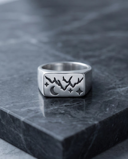 Celestial Mountain & Moon Signet Ring