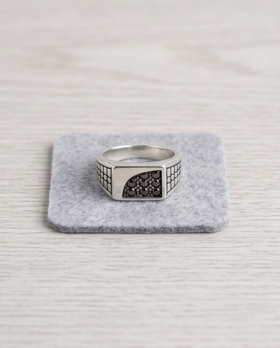 Garnet Micro-Pavé Geometric Segment Band Silver Ring