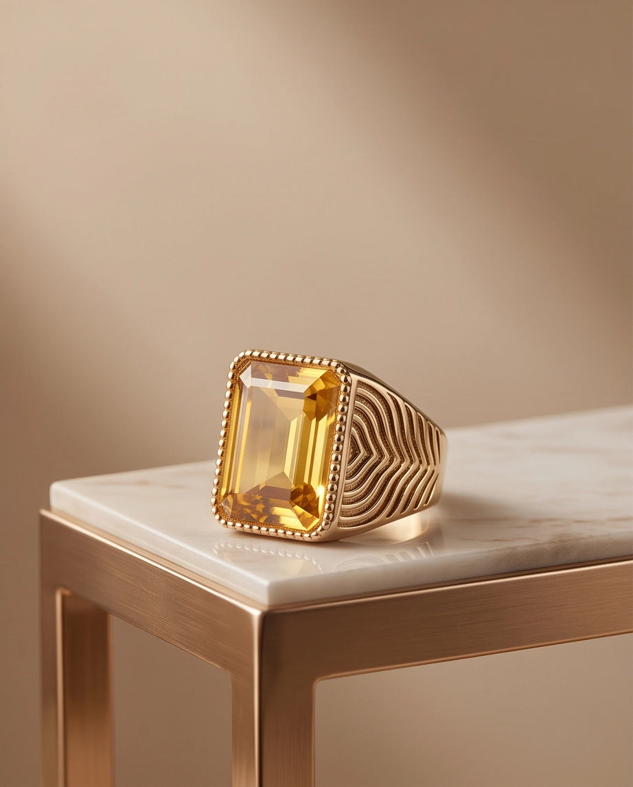 Citrine Emerald-Cut Beaded Signet Ring