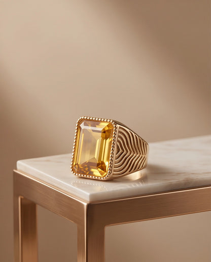 Citrine Emerald-Cut Beaded Signet Ring