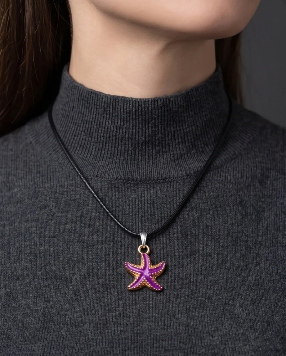 Textured Purple Starfish Enamel Pendant Necklace
