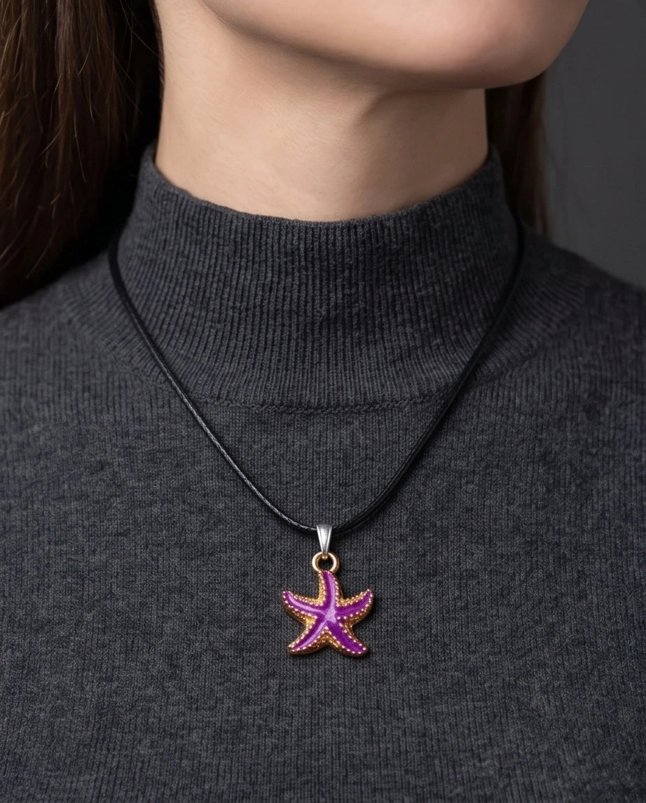 Textured Purple Starfish Enamel Pendant Necklace