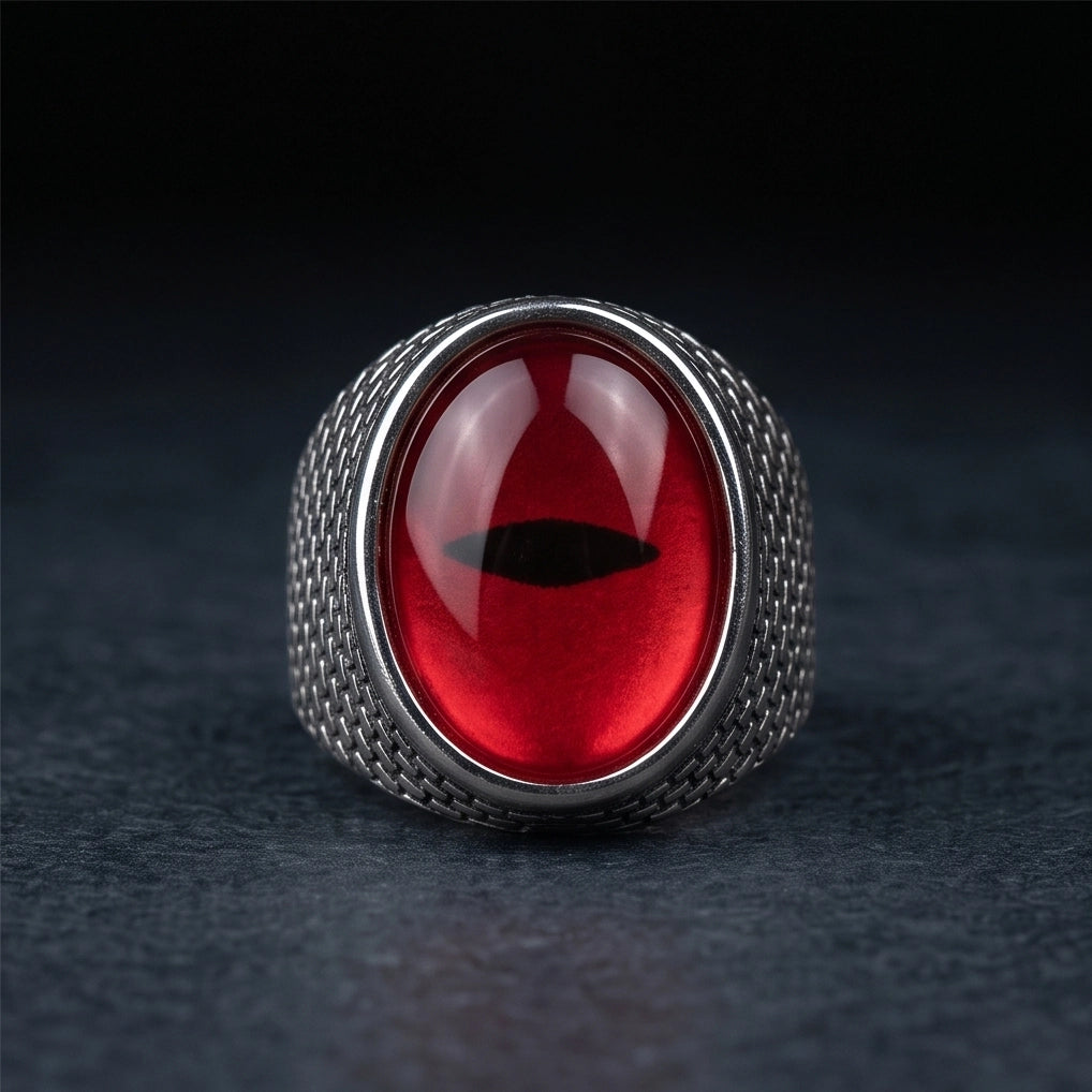 Ruby Slit-Pupil Mesh Silver Ring