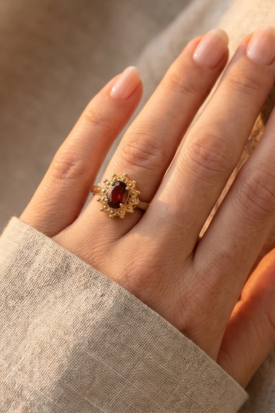 Vintage Gold Oval Garnet Victorian Halo Ring