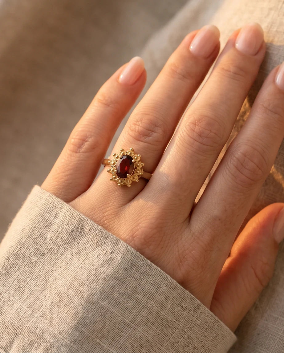 Vintage Gold Oval Garnet Victorian Halo Ring