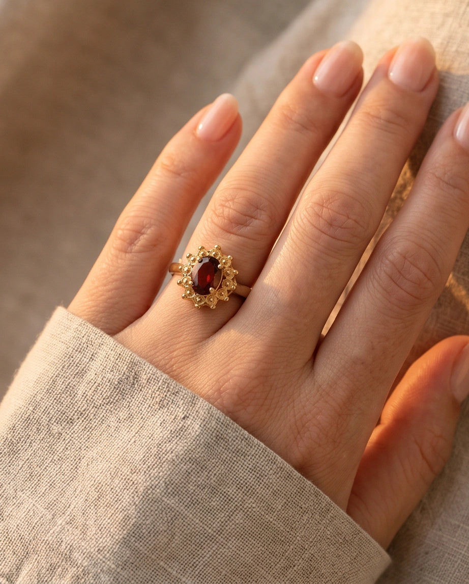 Vintage Gold Oval Garnet Victorian Halo Ring