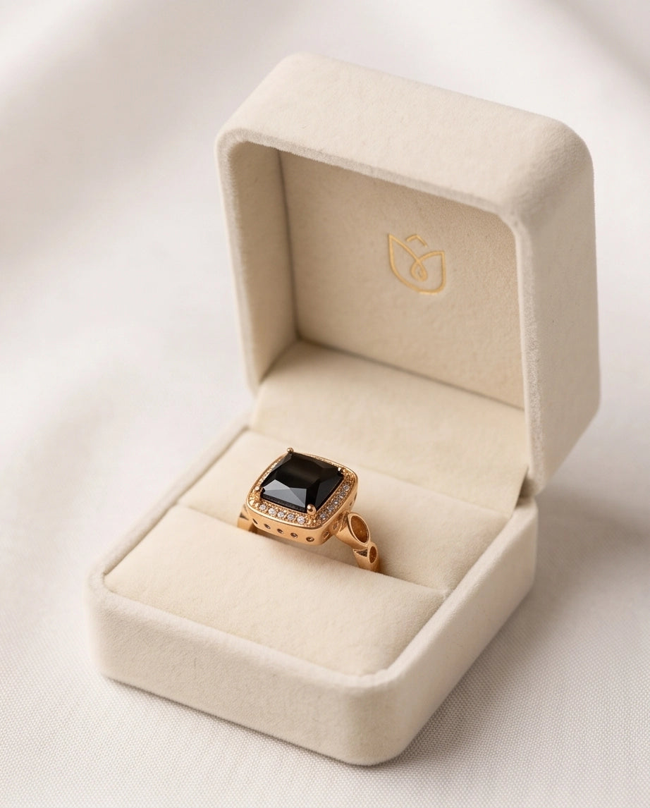 Black Onyx Cushion Halo Gold Ring