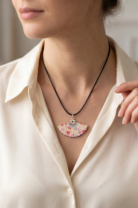 Vintage Pastel Pink Floral Hand-Fan Pendant Necklace