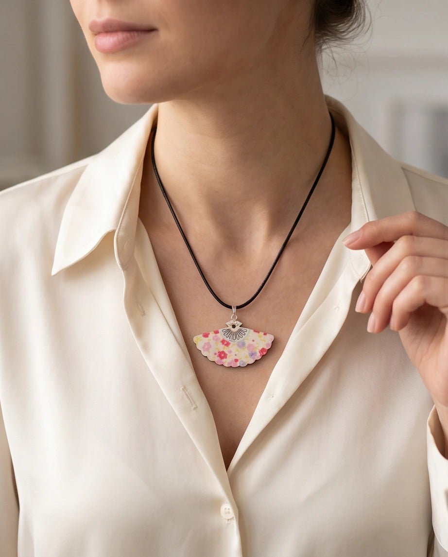 Vintage Pastel Pink Floral Hand-Fan Pendant Necklace
