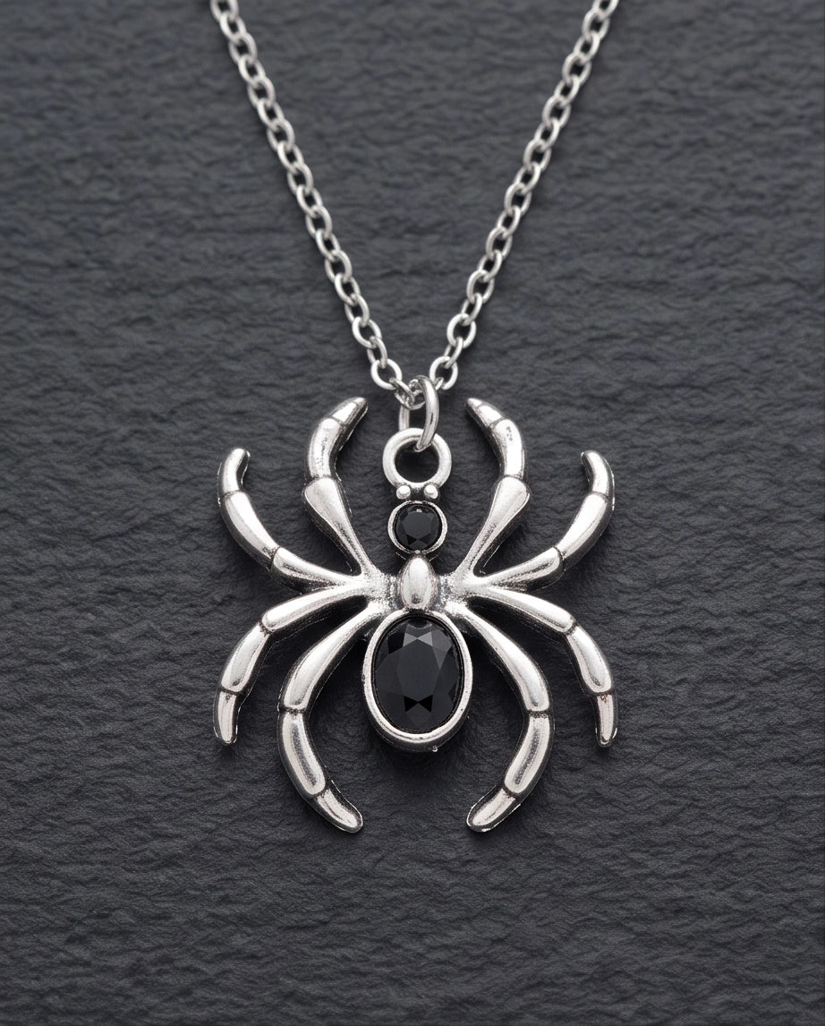 Silver Black Gemstone Spider Pendant Necklace