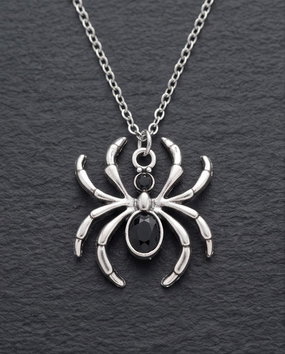 Silver Black Gemstone Spider Pendant Necklace