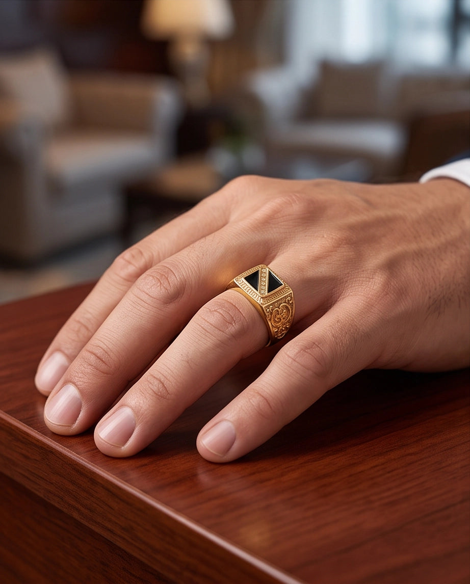 Onyx-Inlay Channel Pavé Diagonal Striped Filigree Gold Ring