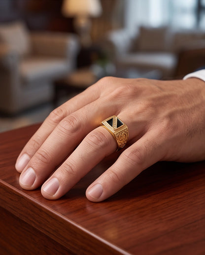 Onyx-Inlay Channel Pavé Diagonal Striped Filigree Gold Ring