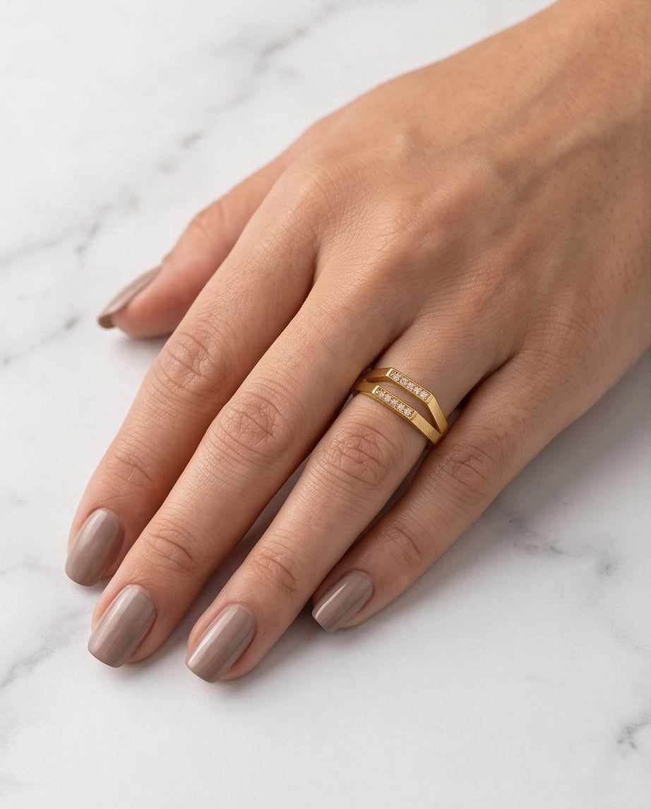 Gold Dual Geometric Bar Micro-Pavé Ring