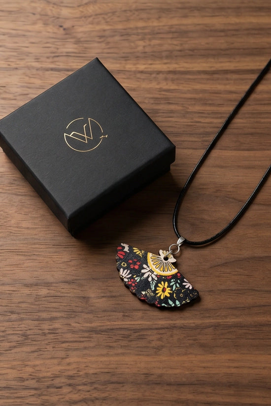 Vintage Black Botanical Hand-Fan Pendant Necklace