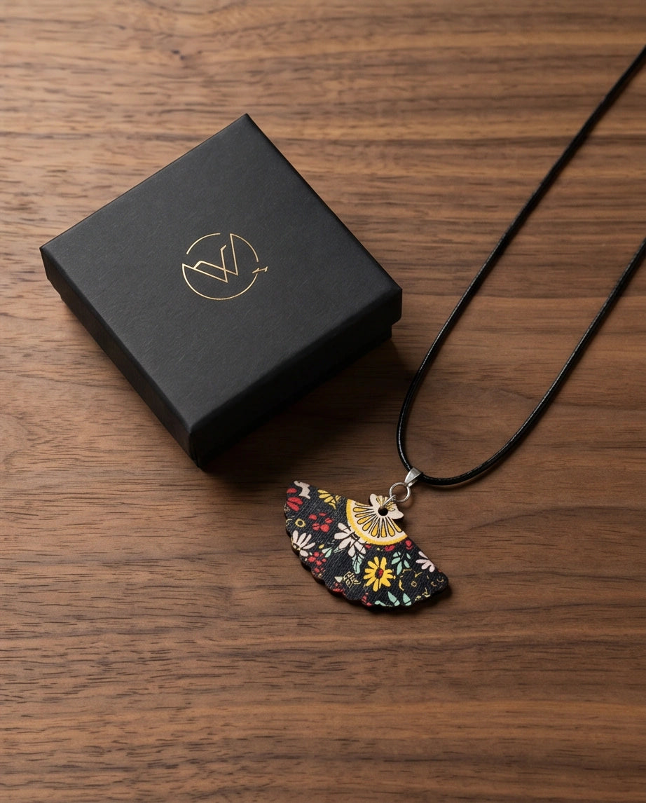Vintage Black Botanical Hand-Fan Pendant Necklace