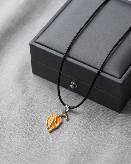 Golden Autumn Leaf Enamel Pendant Necklace