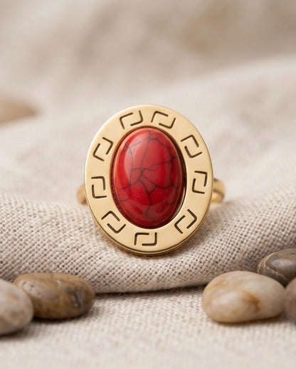 Solstice Greek Key Crimson Cabochon Ring