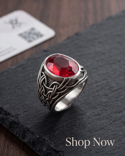 Ruby Gemstone Celtic Knotwork Silver Ring