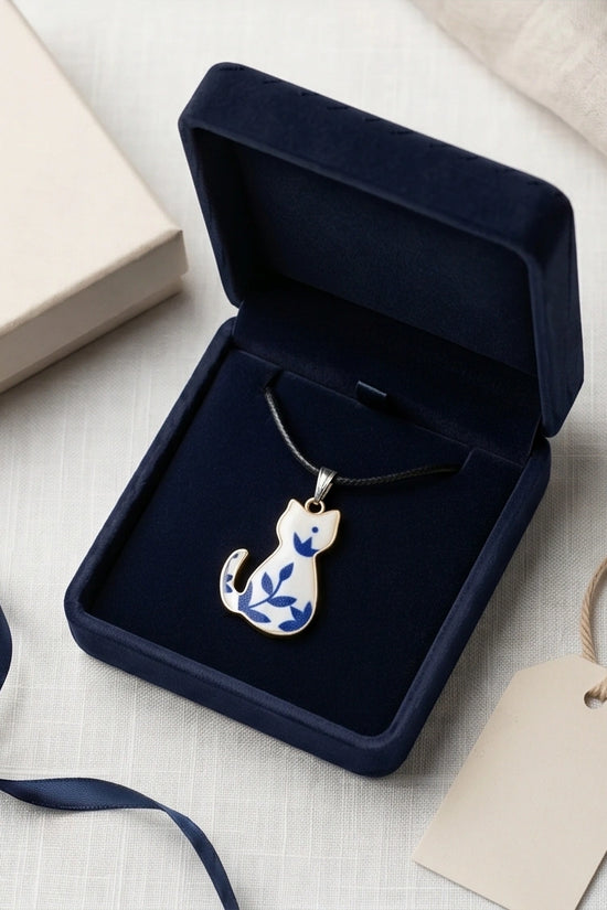 Artistic Blue Porcelain Feline Silhouette Pendant Necklace