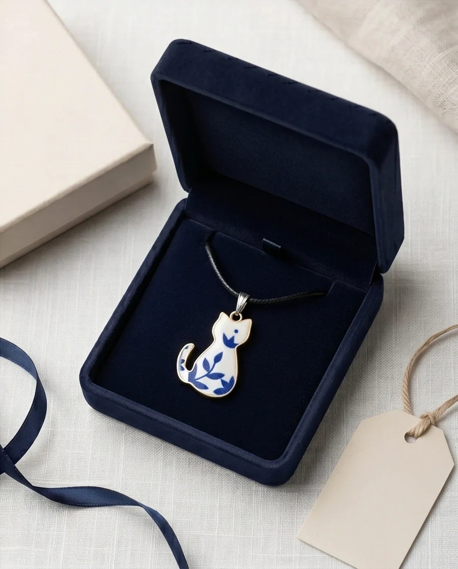 Artistic Blue Porcelain Feline Silhouette Pendant Necklace