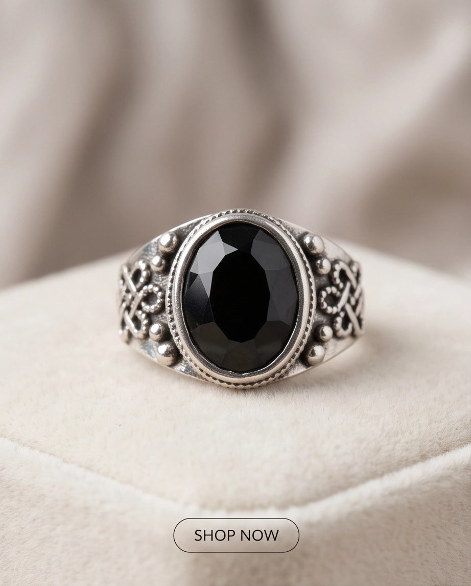 Faceted Oval Onyx-Style Beaded Bezel Filigree Silver Ring
