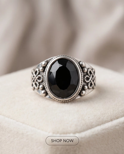 Faceted Oval Onyx-Style Beaded Bezel Filigree Silver Ring