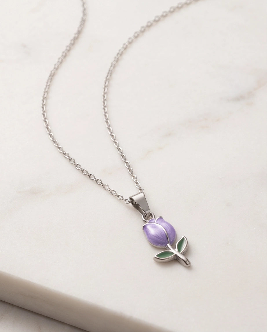 Silver Purple Enamel Tulip Pendant Necklace