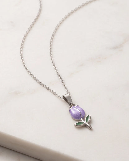 Silver Purple Enamel Tulip Pendant Necklace