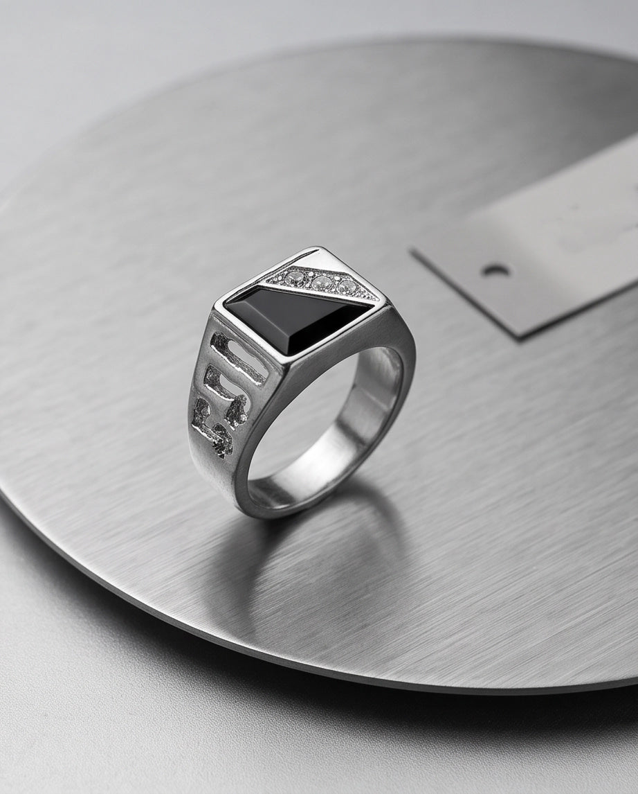 Onyx Inlay & Pavé Diagonal Split Signet Silver Ring