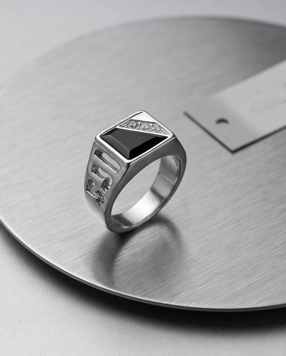 Onyx Inlay & Pavé Diagonal Split Signet Silver Ring
