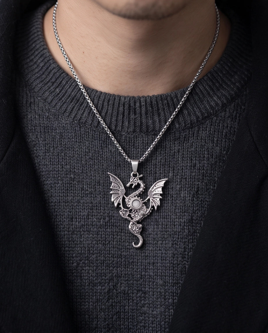 Silver Steampunk Dragon Gear Pendant Necklace